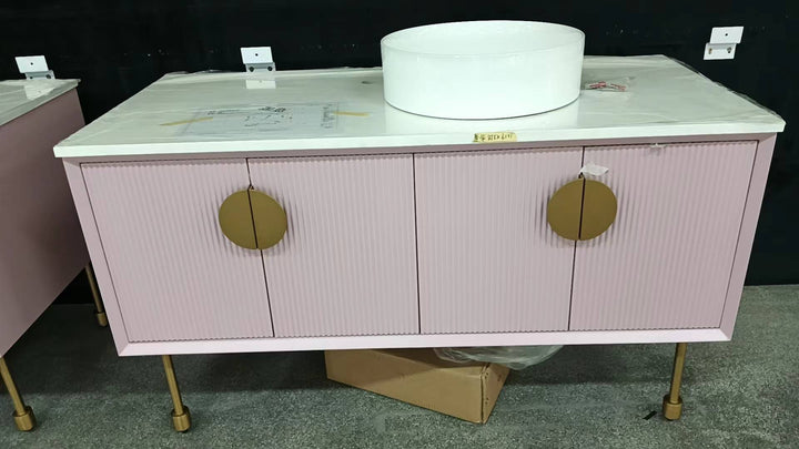 Florence-Pink - Light Grey Freestanding with Brushed Gold Trim Bathroom Vanity Set