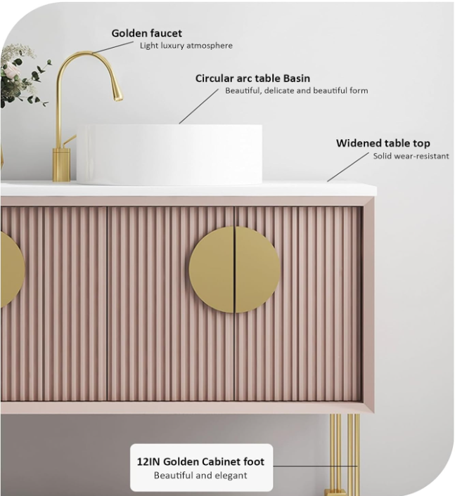 Florence-Pink - Light Grey Freestanding with Brushed Gold Trim Bathroom Vanity Set