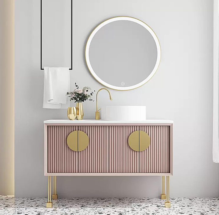 Florence-Pink - Light Grey Freestanding with Brushed Gold Trim Bathroom Vanity Set
