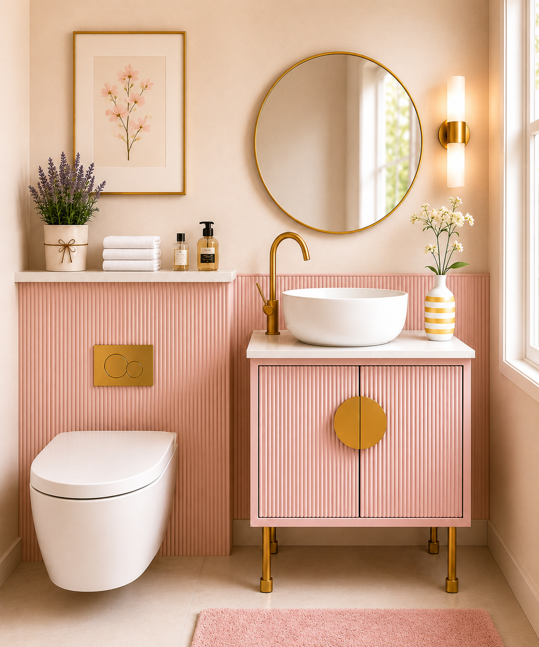 Florence-Pink - Light Grey Freestanding with Brushed Gold Trim Bathroom Vanity Base ONLY