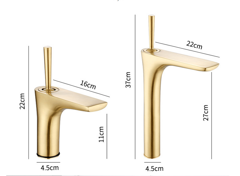 Corvette-Brushed gold tall vessel sink faucet and short single hole bathroom faucet
