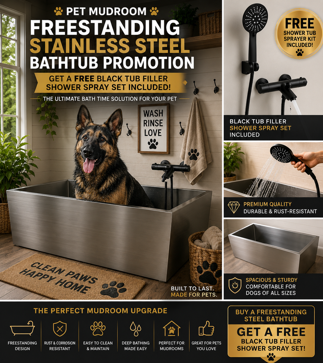 Black Pearl Grey Gun-Pet Dog Artisan made bathtub mudroom washing station 16 gauge commercial grade stainless steel