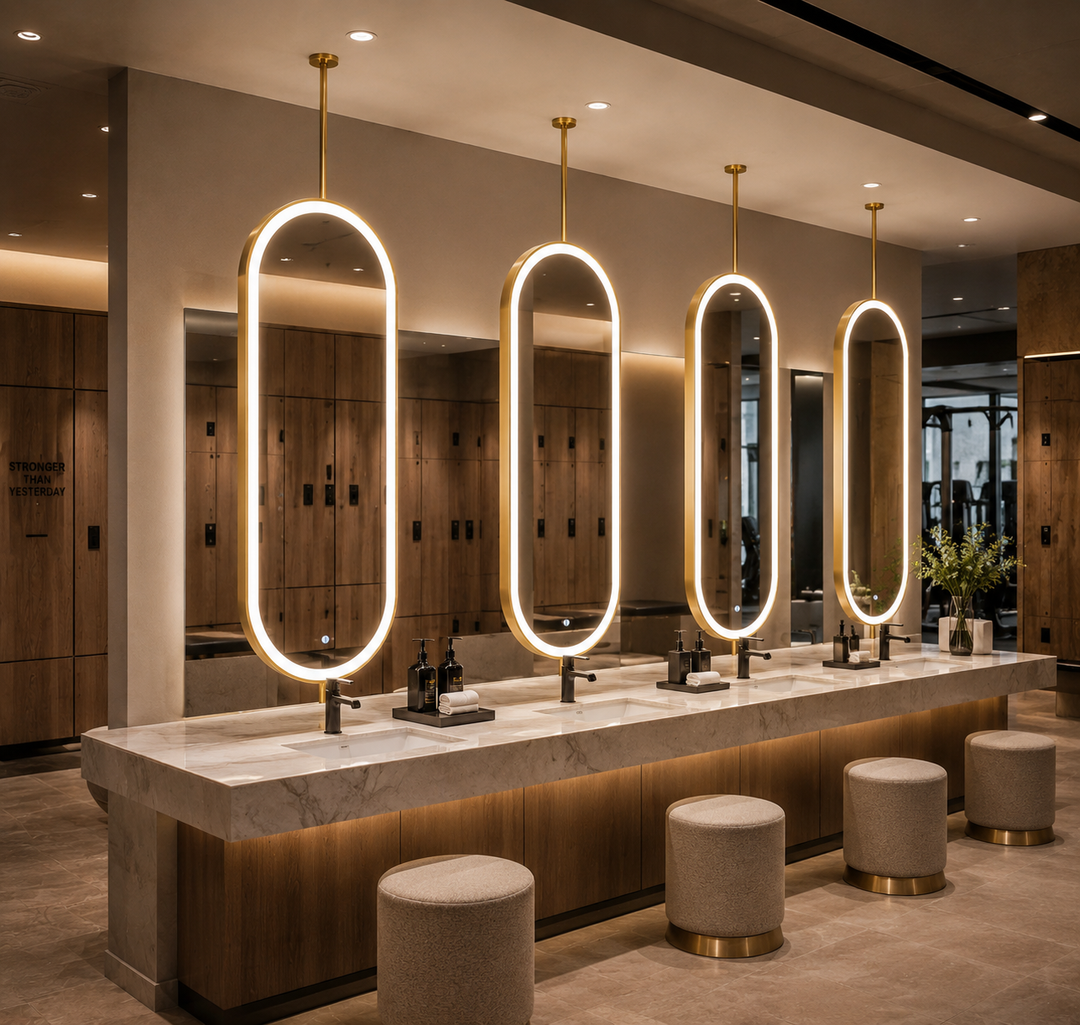 Custom-Double side Mirror-Brushed Gold-Oval Suspended Ceiling Mount Double Side LED Bathroom Mirror