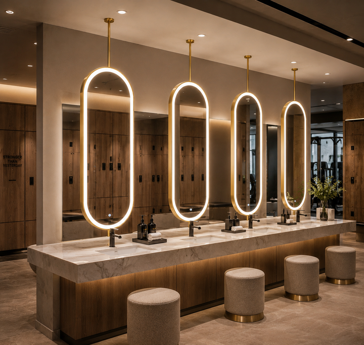 Custom-Double side Mirror-Brushed Gold-Oval Suspended Ceiling Mount Double Side LED Bathroom Mirror