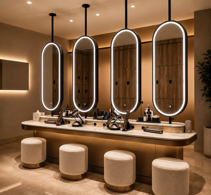 STOCK READY TO SHIP-PARIS 2- Black Oval Double Sided Ceiling Mounted Oval Mirror Bathroom LED Mirrors