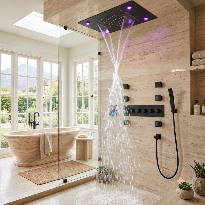 Black ceiling Bluetooth music 24"x15" rain ,waterfall, mist LED SPA completed shower system kit