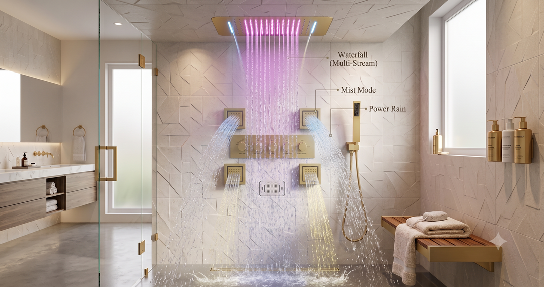 Brushed Gold Spa LED Ceiling Mount Flush  LED 23" X 15"  Waterfall,Mist 5 Way functions shower system