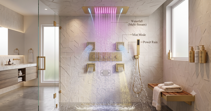Brushed Gold Spa LED Ceiling Mount Flush  LED 23" X 15"  Waterfall,Mist 5 Way functions shower system