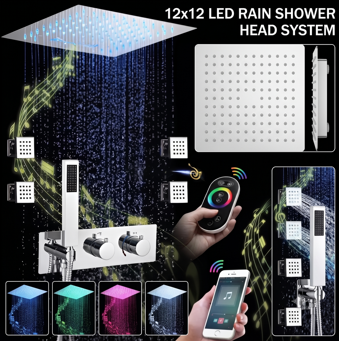 Chrome 12"x12"  Ceiling Flushmount LED Rain head and Mist Bluetooth Wifi Music completed spa shower system kit-UPC