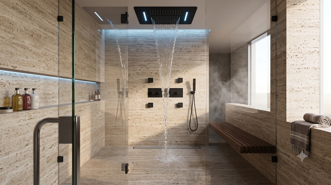 Black ceiling Bluetooth music 24"x15" rain ,waterfall, mist LED SPA completed shower system kit