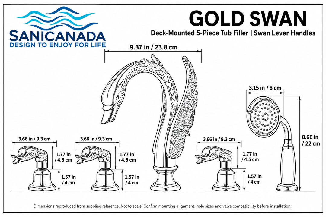 Swan Gold polished pvd platted 5 pieces deck mount bathtub filler faucet kit