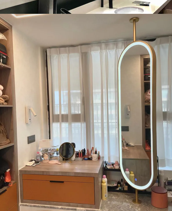 Custom-One Side Mirror-Brushed Gold-Suspended Ceiling Mounted Bathroom LED Mirror