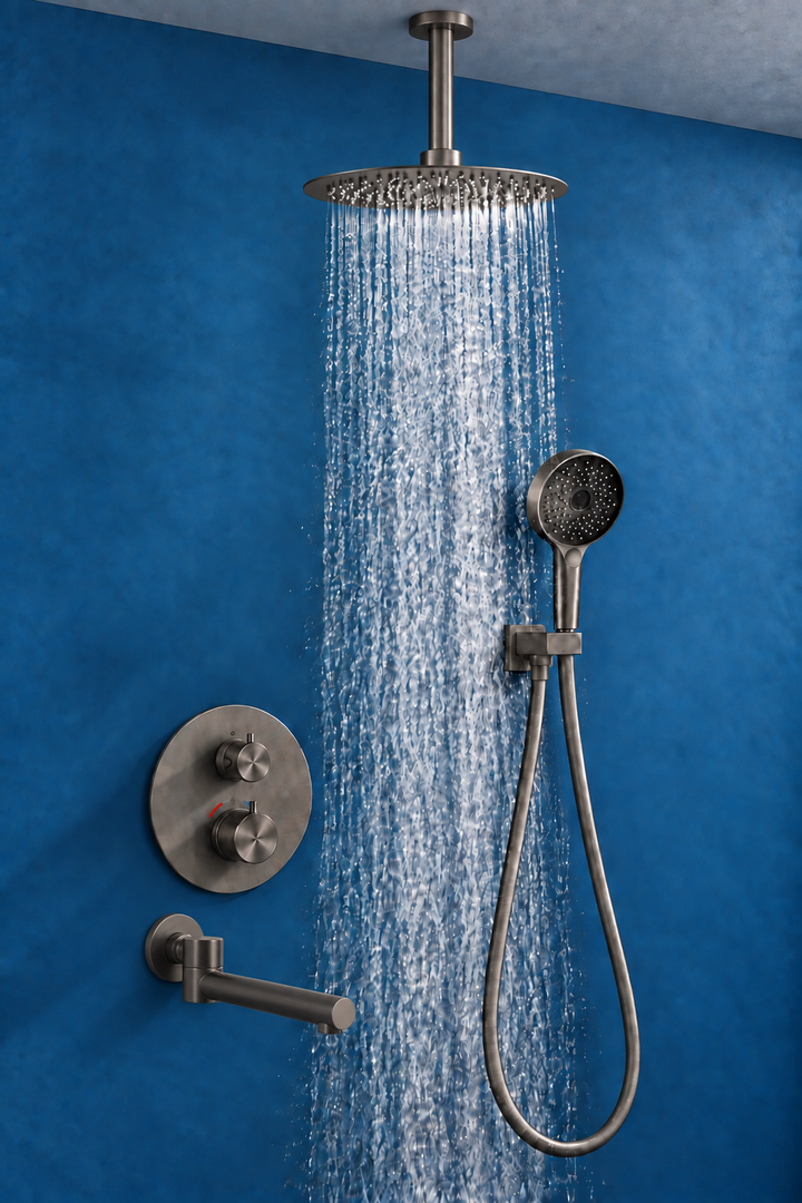 12" Gunmetal Round Rain Shower System – 2-3 Way Thermostatic Shower Kit with Handheld