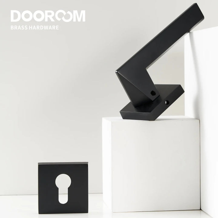 Hiorino- Brass Door Lock Set Modern Black Interior Bedroom Bathroom Double Wood Door Lever Set Dummy Lock Handle