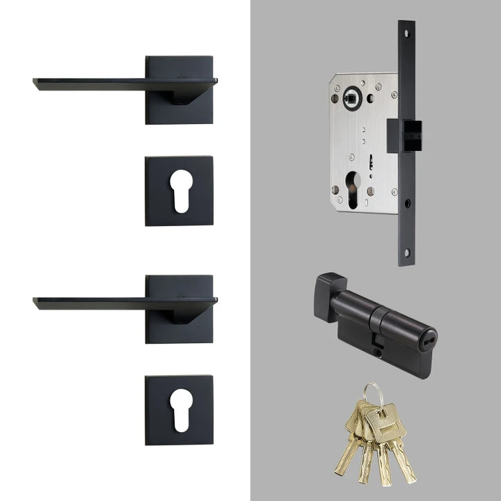 Hiorino- Brass Door Lock Set Modern Black Interior Bedroom Bathroom Double Wood Door Lever Set Dummy Lock Handle