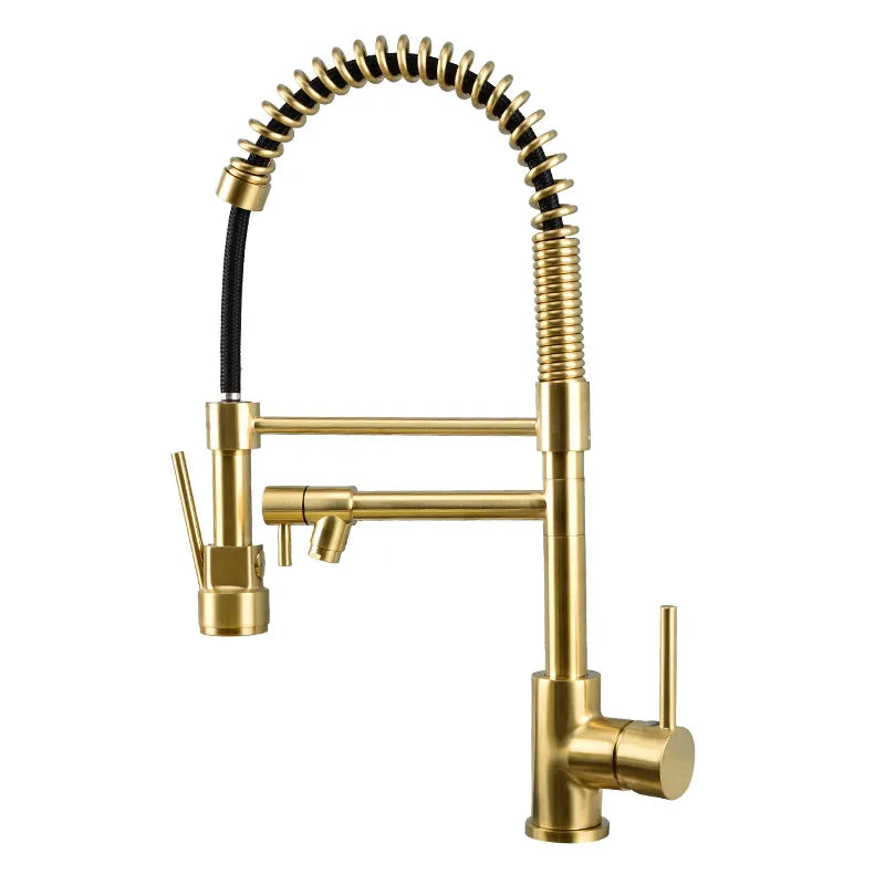 Brushed Gold Kitchen Faucets Brass Hot & Cold Sink Mixer Taps Single Handle Pull-Down Rotating Dual Outlet Black/Nickel/Chrome