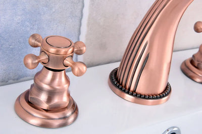 Copper satin victoria cross handle 8" inch wide spread bathroom faucet