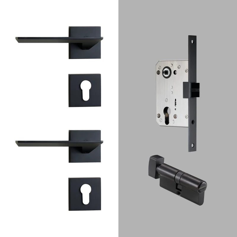 Hiorino- Brass Door Lock Set Modern Black Interior Bedroom Bathroom Double Wood Door Lever Set Dummy Lock Handle