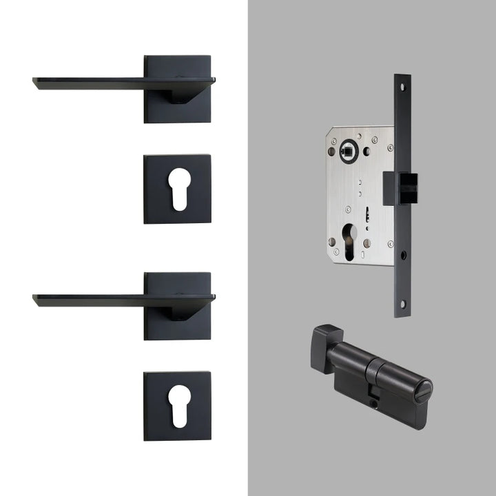 Hiorino- Brass Door Lock Set Modern Black Interior Bedroom Bathroom Double Wood Door Lever Set Dummy Lock Handle