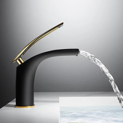 Black with gold waterfall tall and short single hole bathroom faucet