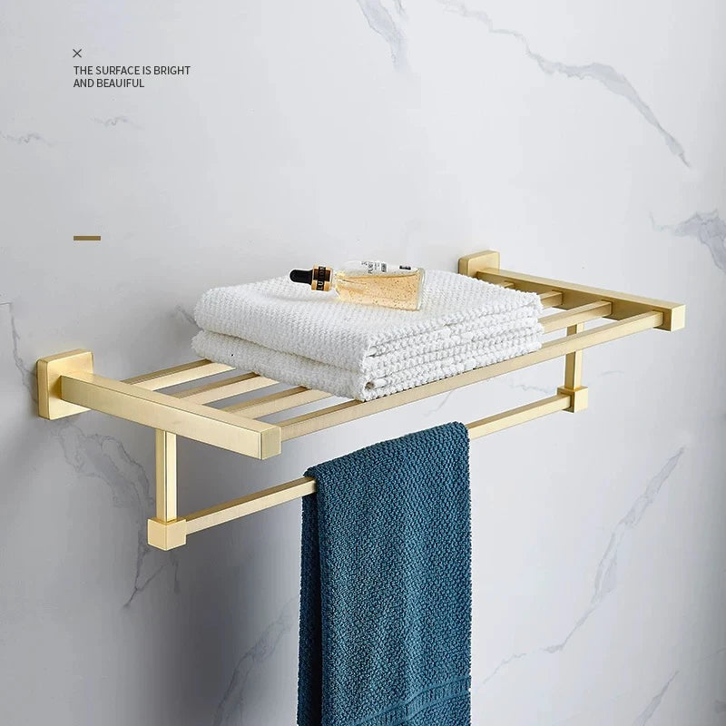 Brushed Gold- brass Gold brush Bathroom accessory Set Gold brass Hook Towel Rail Rack Bar Shelf Paper Holder Toothbrush Holder