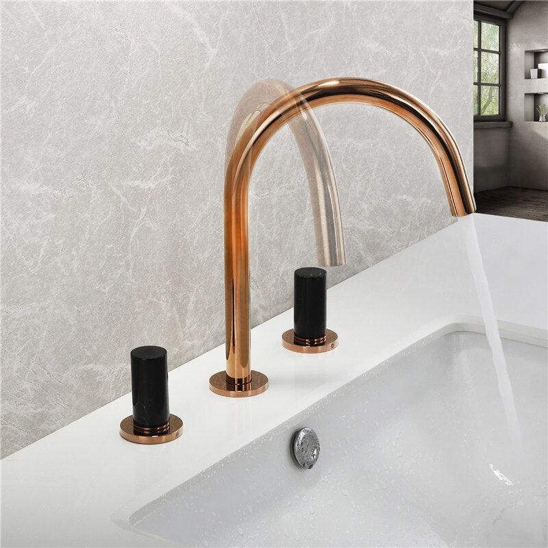Valencia- Brushed Rose Gold/ Black matte handles  8" Inch wide spread bathrom faucet