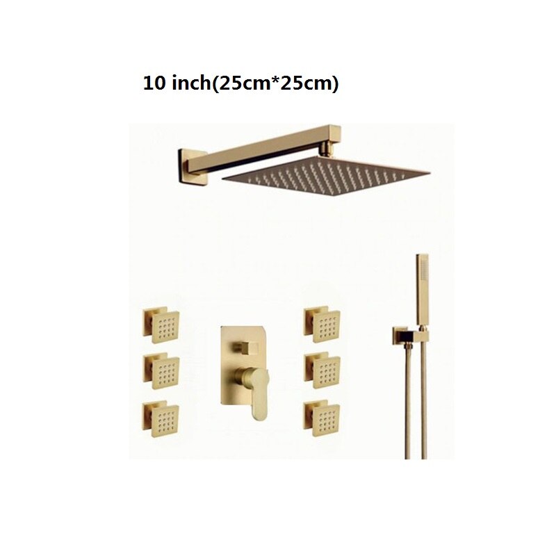 Brushed gold Square Rain head 3 way function hand spray and 6 body jets completed shower set