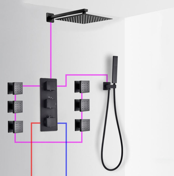 Brushed Gold CSA Square LED Rain shower head thermostatic 3 way function diverter hand held spray with 6 body jets completed shower kit