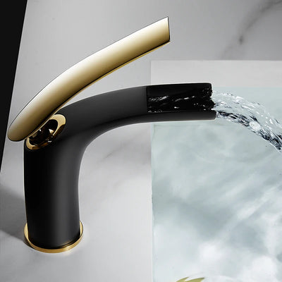 Black with gold waterfall tall and short single hole bathroom faucet