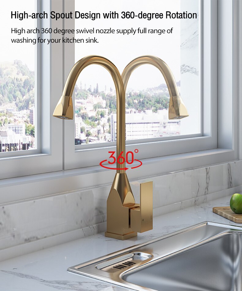 Brushed gold square kitchen faucet dual pull out sprayer