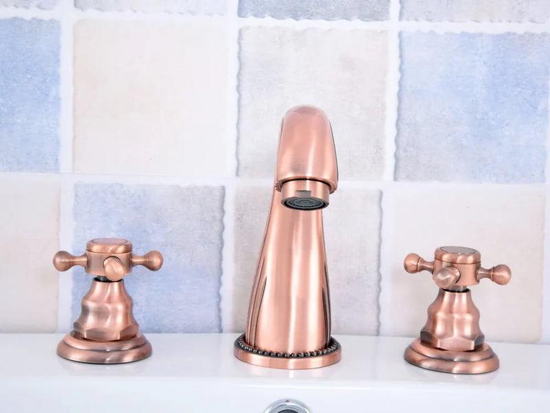 Copper satin victoria cross handle 8" inch wide spread bathroom faucet