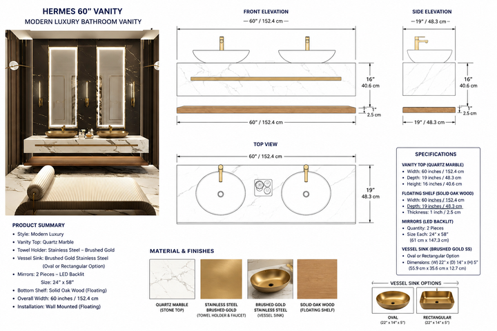 Hermes- Marble exposed bathroom vanity  with gold vessel sink combo 60"