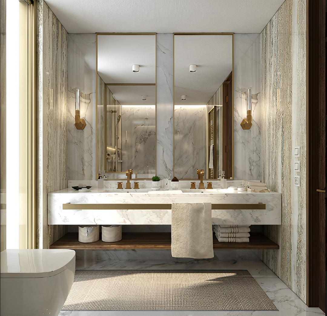 Hermes- Marble exposed with brushed gold bar double undermount walnut shelf bathroom vanity 60"