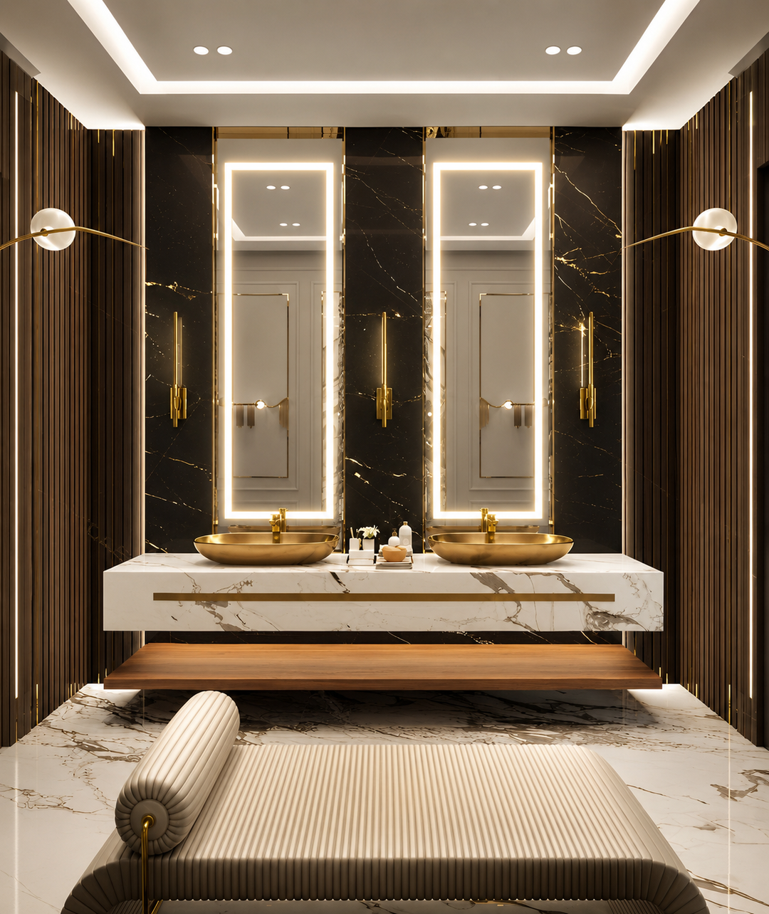 Hermes- Marble exposed bathroom vanity  with gold vessel sink combo 60"