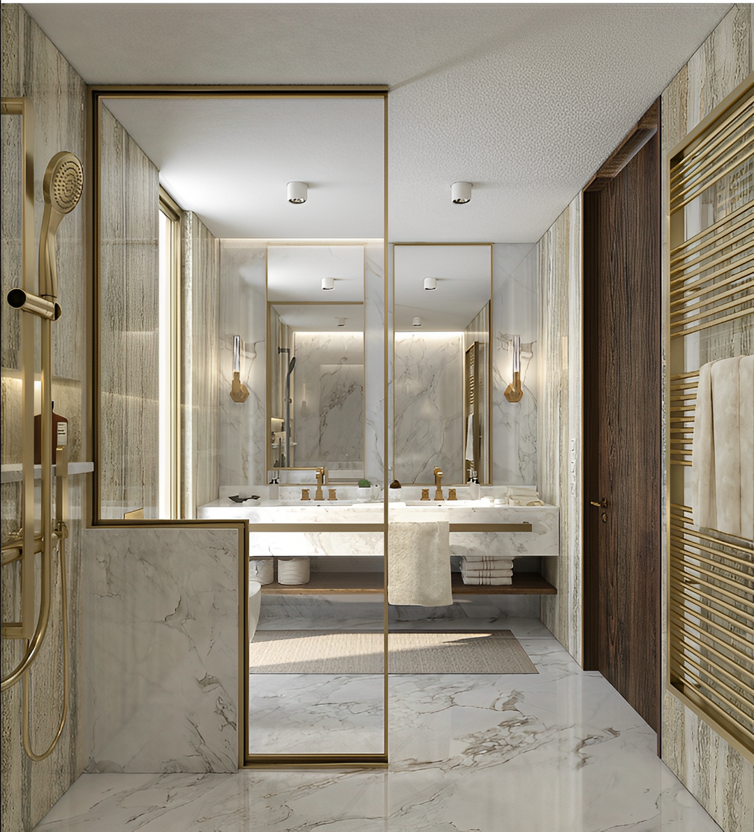 Hermes- Marble exposed with brushed gold bar double undermount walnut shelf bathroom vanity 60"