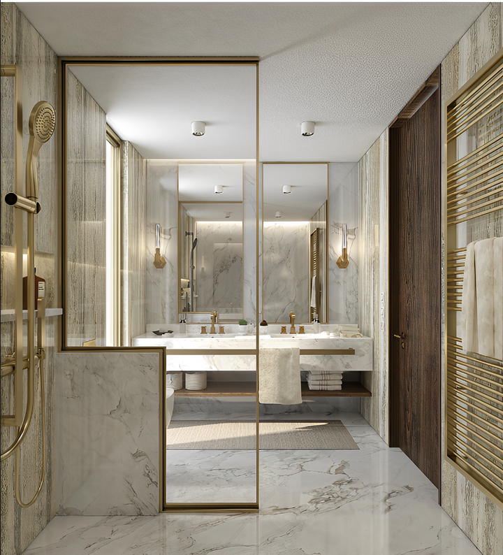 Hermes- Marble exposed with brushed gold bar double undermount walnut shelf bathroom vanity 60"