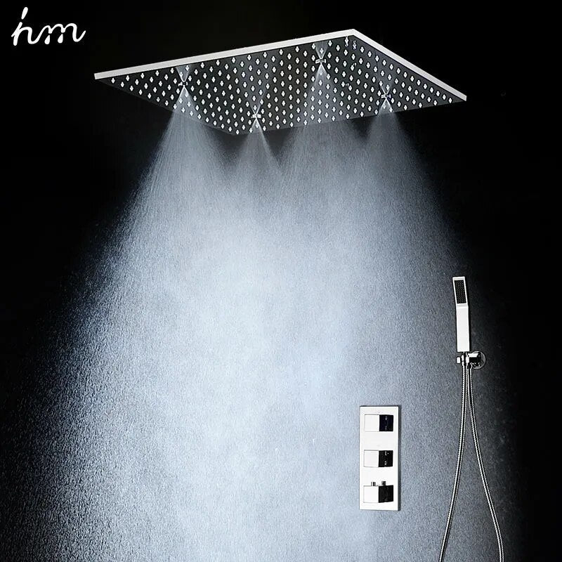hm High Quality Thermostatic Shower System Set 20Inch Square Ceilling Massage Misty Rainfall Shower Head Faucet Chrome Polished