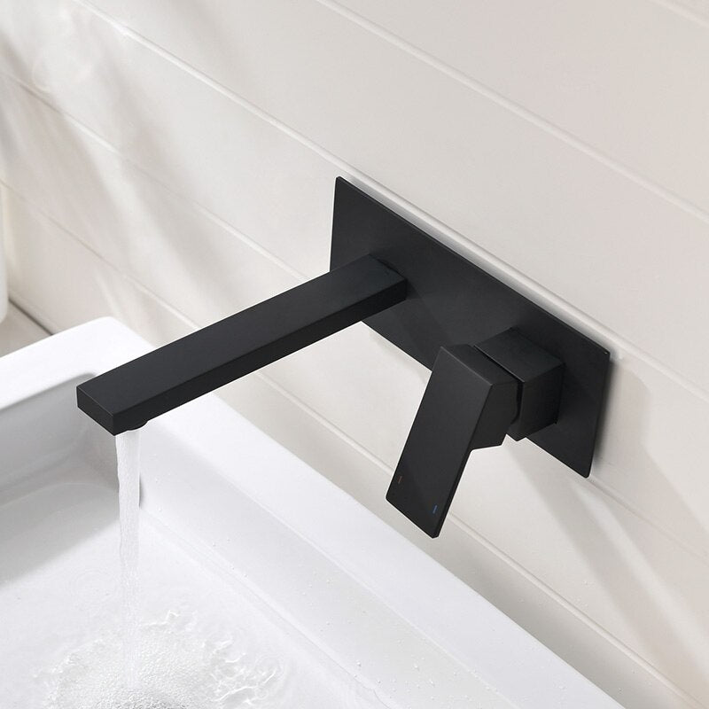 Black square wall mounted single lever bathroom faucet with valve completed set