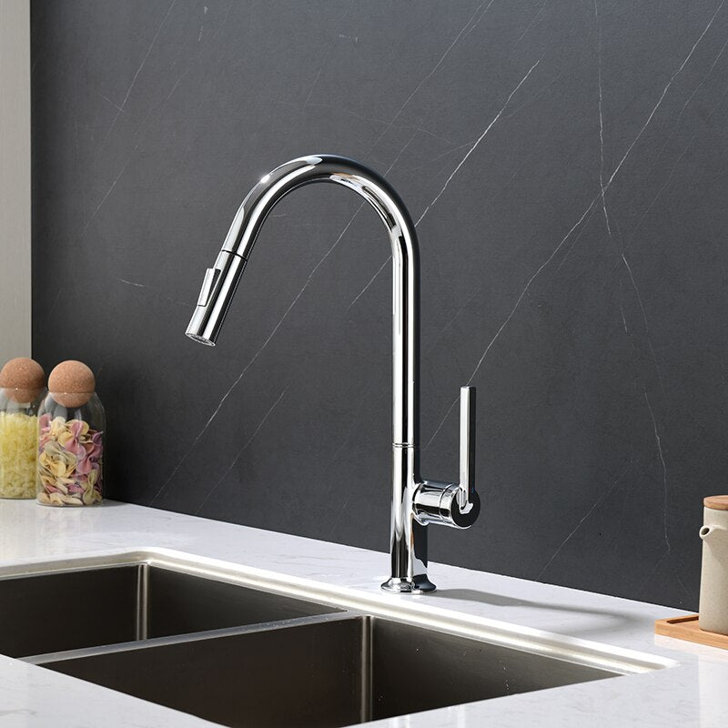 Sleek clean euro design tall pull out dual spray kitchen faucet