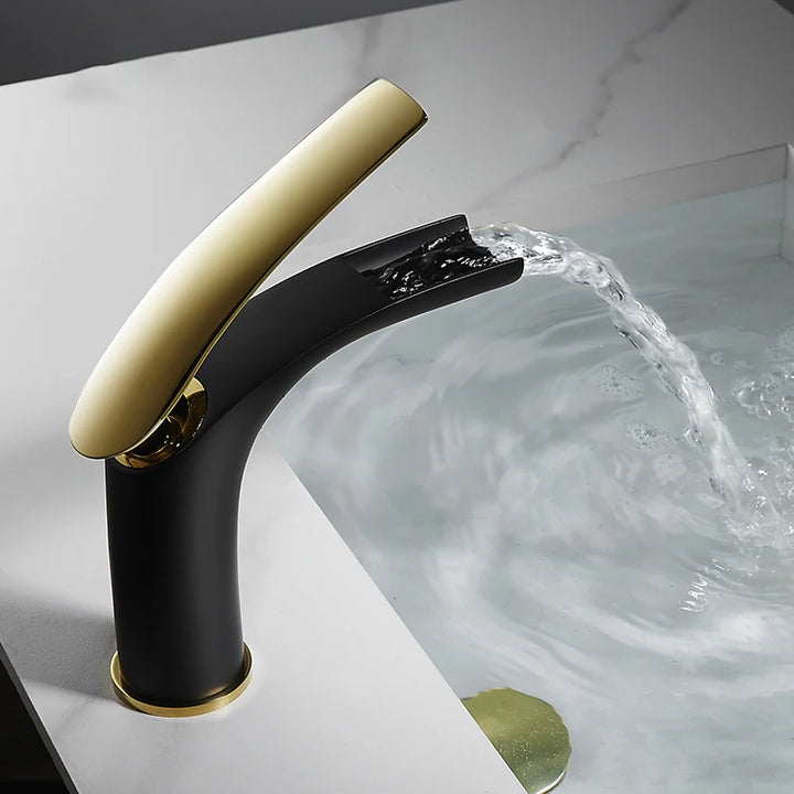Xenon-Black with gold waterfall tall and short single hole bathroom faucet