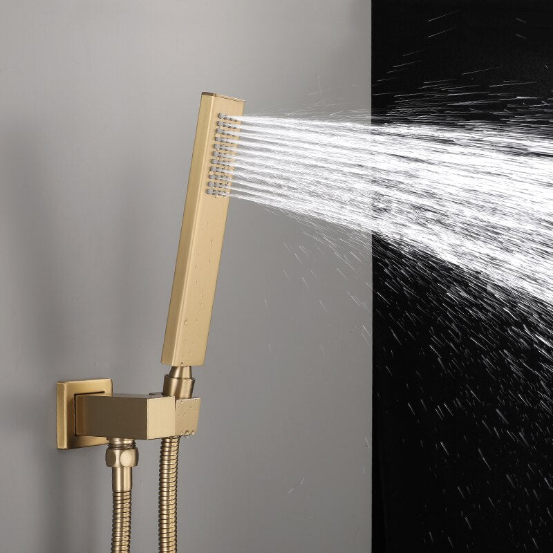 Brushed gold Square Rain head 3 way function hand spray and 6 body jets completed shower set