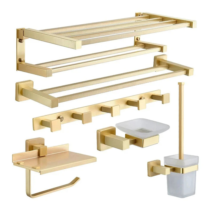 Brushed Gold- brass Gold brush Bathroom accessory Set Gold brass Hook Towel Rail Rack Bar Shelf Paper Holder Toothbrush Holder