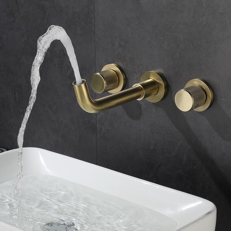 Brushed gold wall mounted with 2 handles bathroom faucet