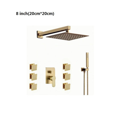 Brushed gold Square Rain head 3 way function hand spray and 6 body jets completed shower set