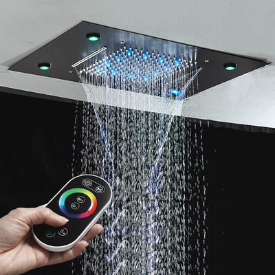 23"x15" LED  Spa shower ceiling flushmount rain , waterfall thermostatic PB 4 way function diverter with hand spray and 6 body jets completed set