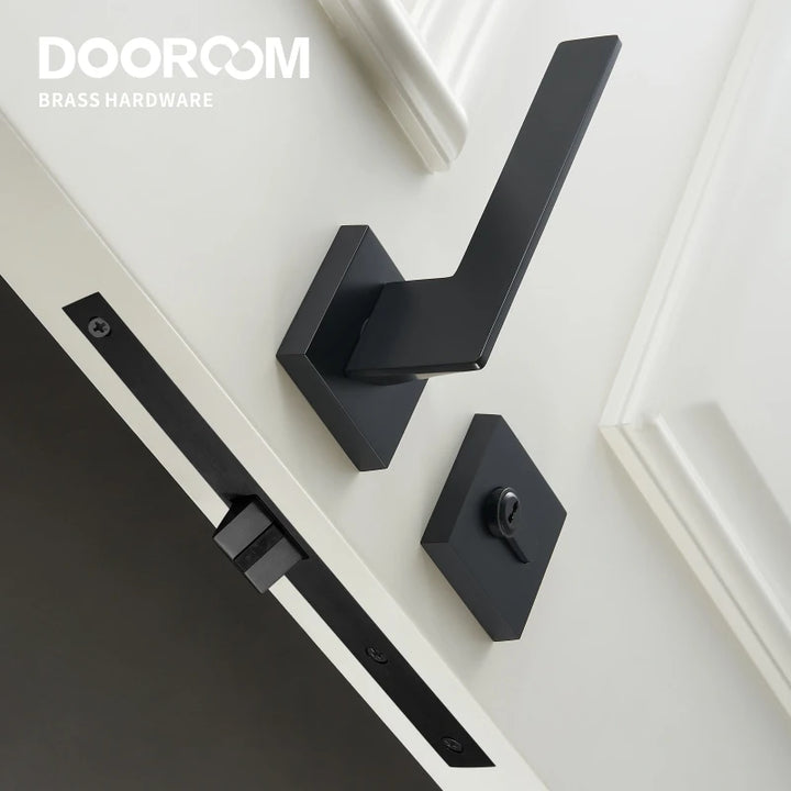 Hiorino- Brass Door Lock Set Modern Black Interior Bedroom Bathroom Double Wood Door Lever Set Dummy Lock Handle
