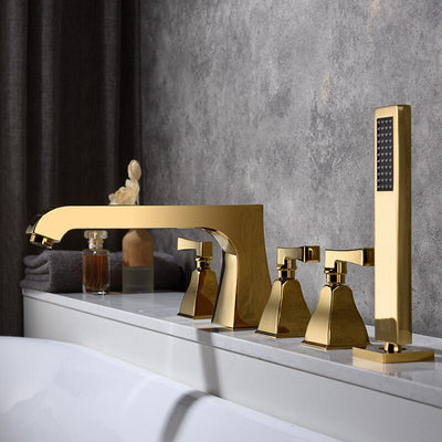 Art deco-Gold polish brass 5 holes deck mounted bathtub filler faucet set