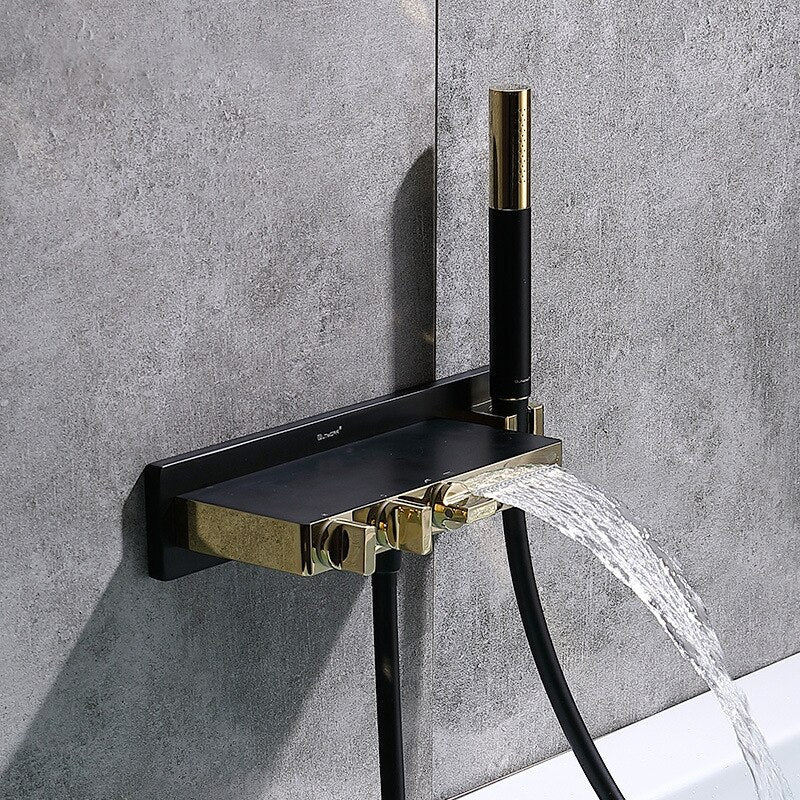 Black with gold polished wall mounted bathtub filler faucet set