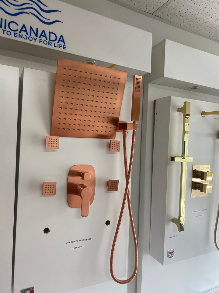 Copper Satin Shower Kit with 12" Rain Shower Head Set and 4 Body Jets