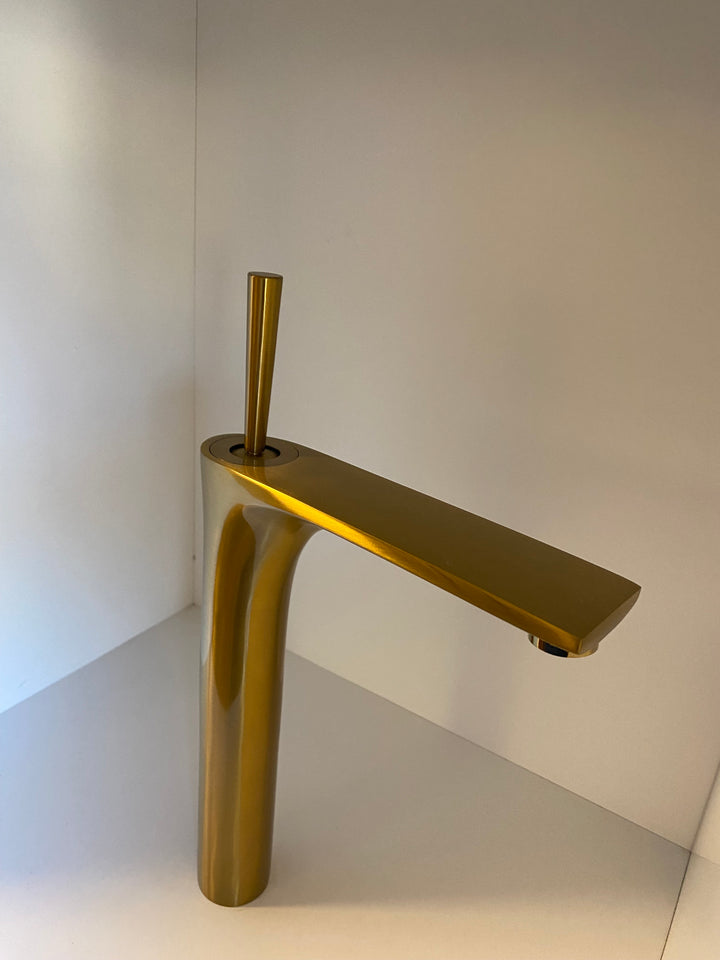 Corvette-Brushed gold tall vessel sink faucet and short single hole bathroom faucet